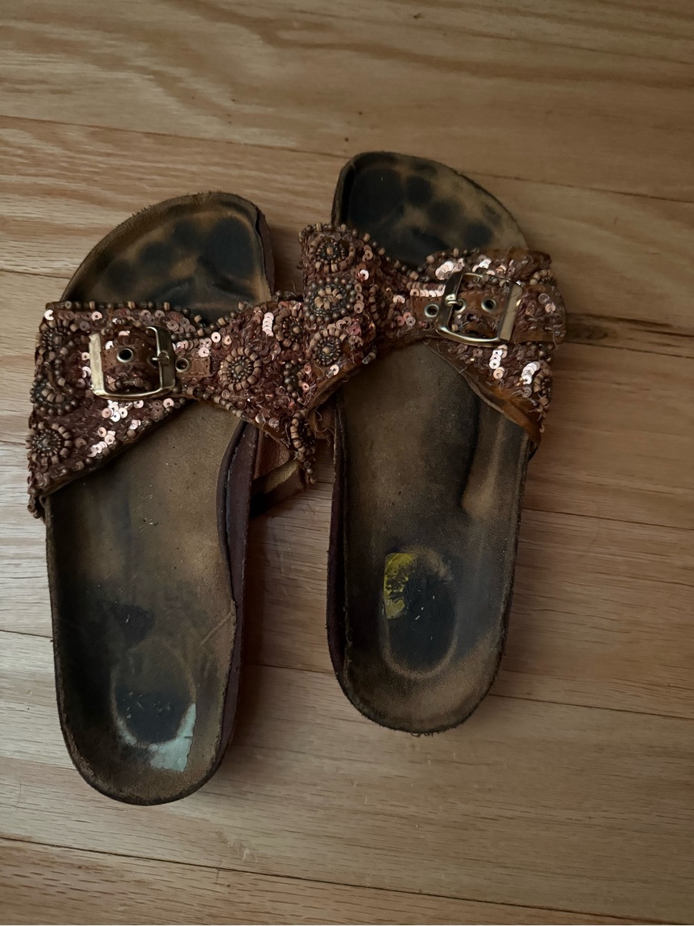 Women's Sequin Buckle Slide Sandals - Copper
